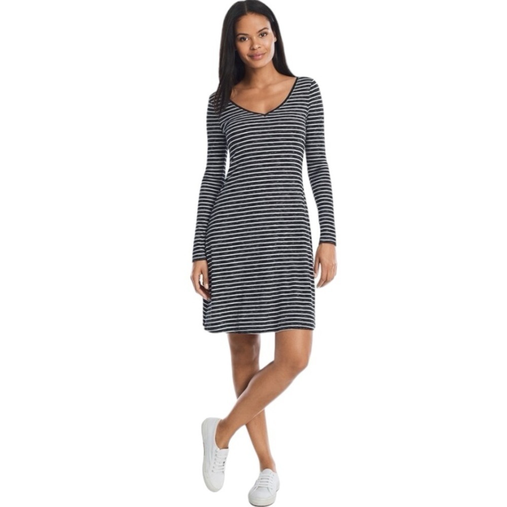 WHBM Casual polished Long Sleeve Striped vee neckline fun versatile Knit Dress
